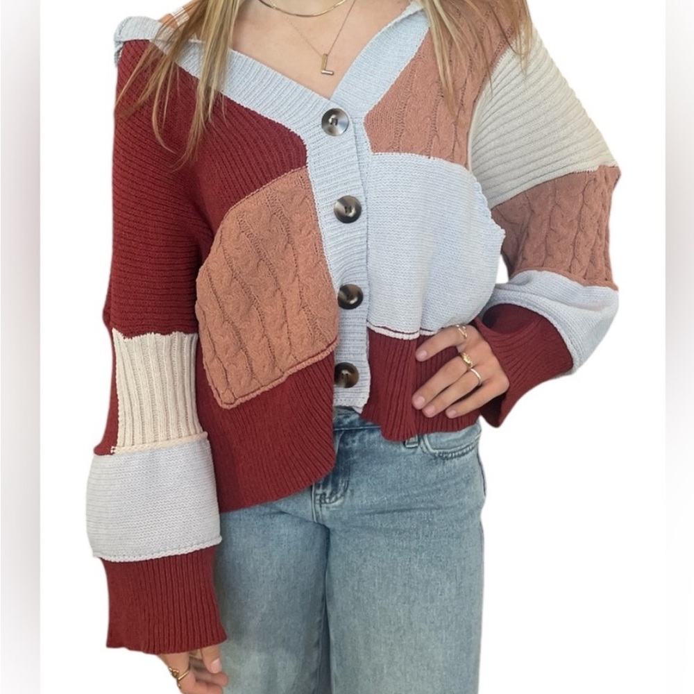 POL Colorblock Sweater in Red, Cream, and Tan